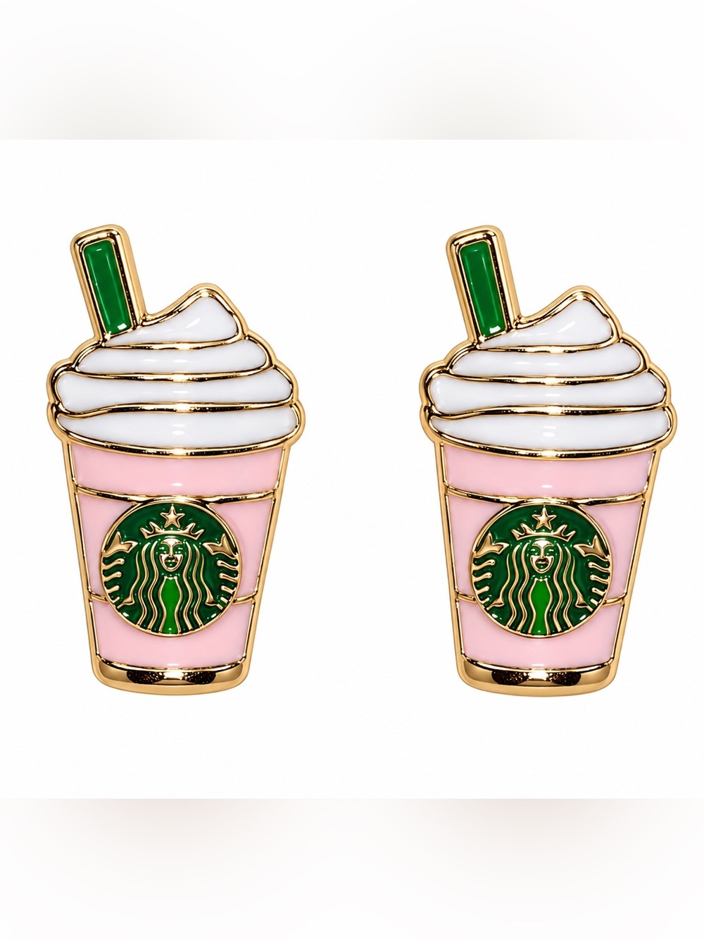 ☕ Pink Iced Coffee Cup Stud Earrings Green Logo Coffee Lover